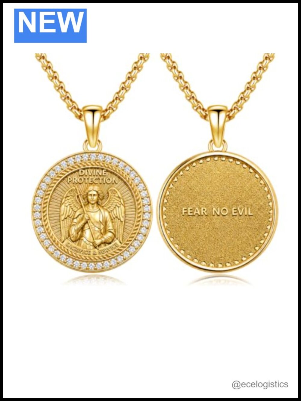 14K Gold Plated Saint Michael Necklace CZ 24in Men Women